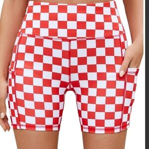 Red and White Checkered Women's High Waisted Athletic Shorts With Pockets